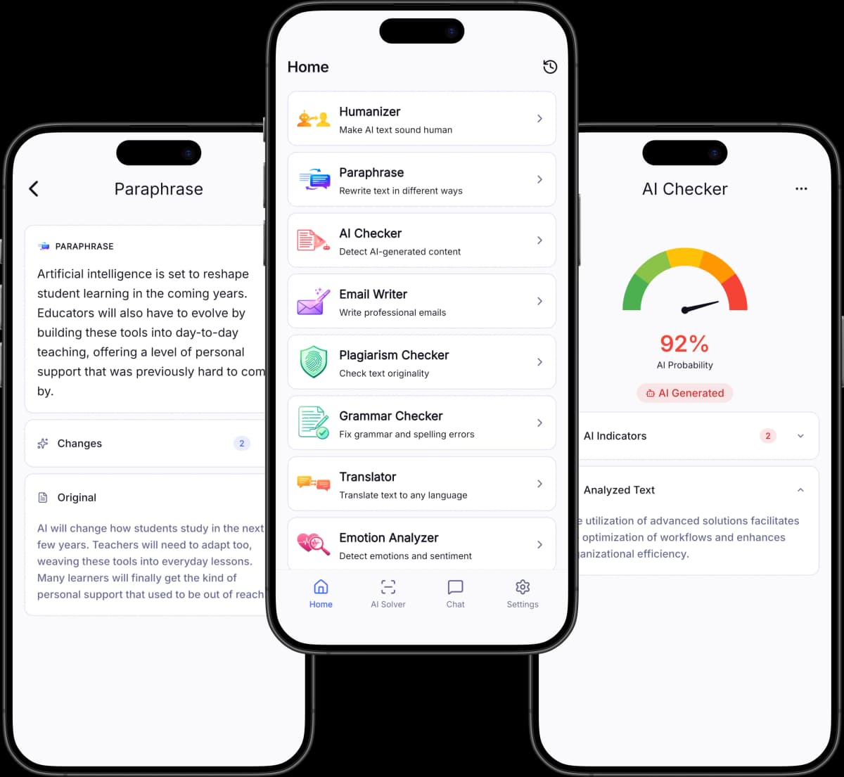 AI Writer app interface showing the paraphrase tool on an iPhone screen