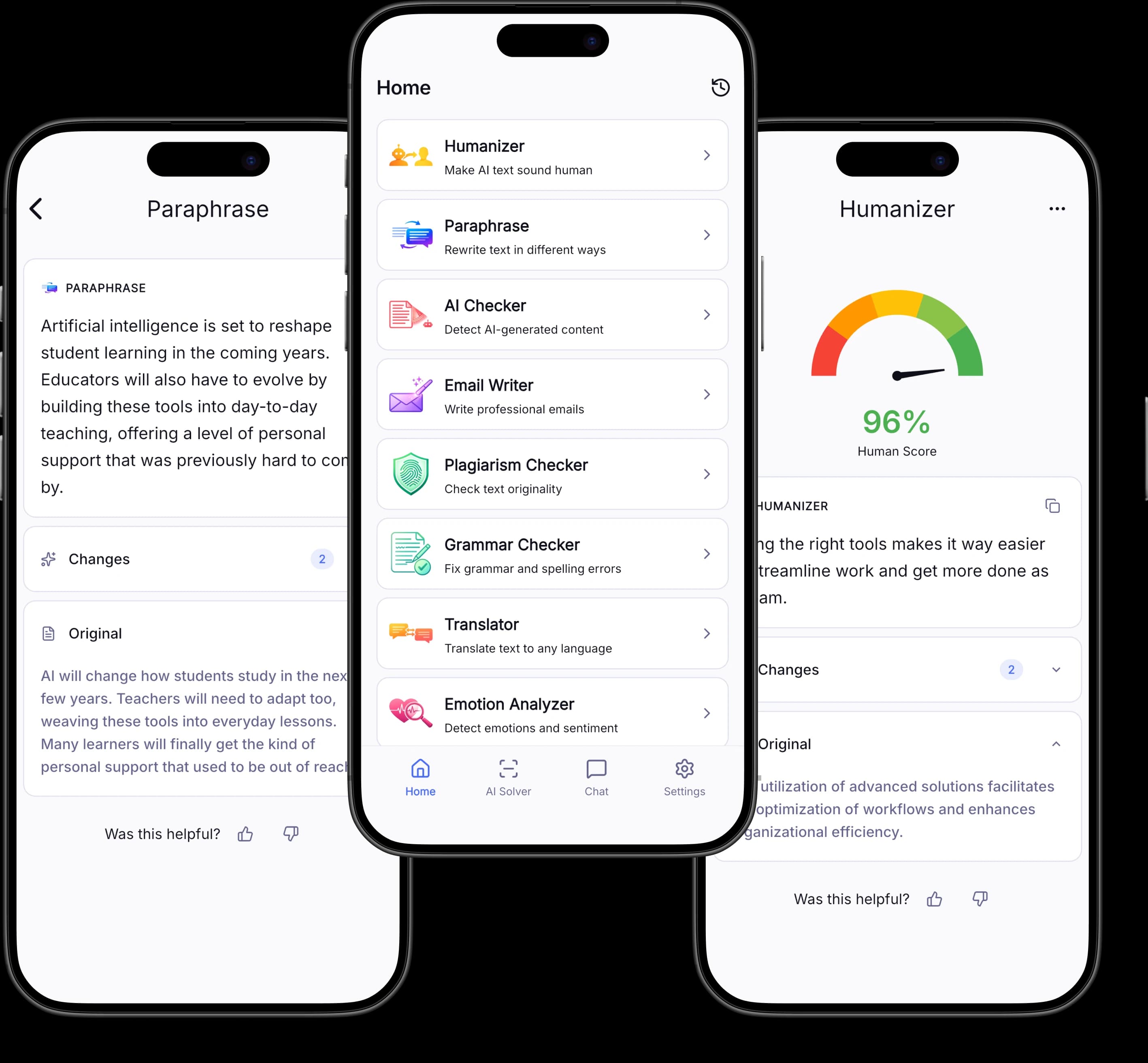 AI Writer across three mobile screens showing the paraphrase editor, writing-tool library, and a humanizer result